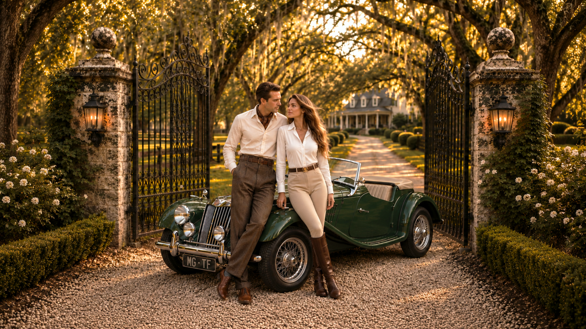 A couple posing with a vintage green convertible car in front of an open black iron gate on a gravel driveway, framed by stone pillars and Spanish moss trees.