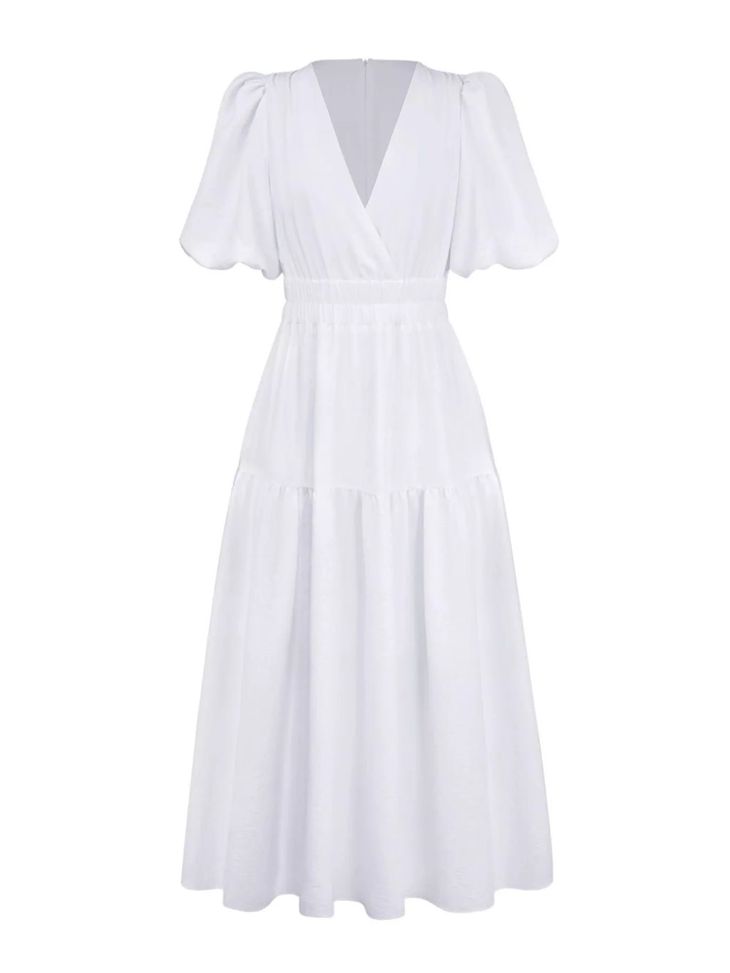 A white midi-length dress with a deep V-neckline, short puff sleeves, and a tiered skirt, shown against a plain white background.