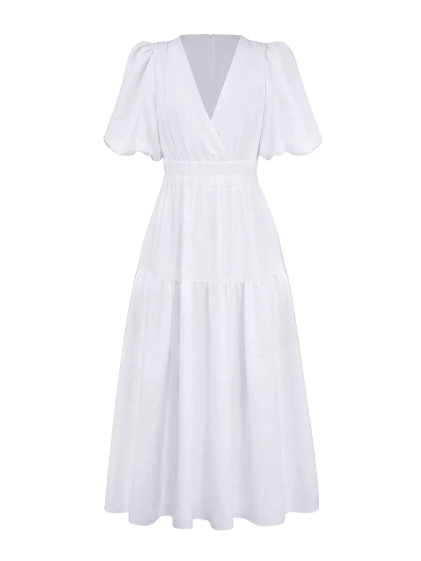 A white midi-length dress with a deep V-neckline, short puff sleeves, and a tiered skirt, shown against a plain white background.