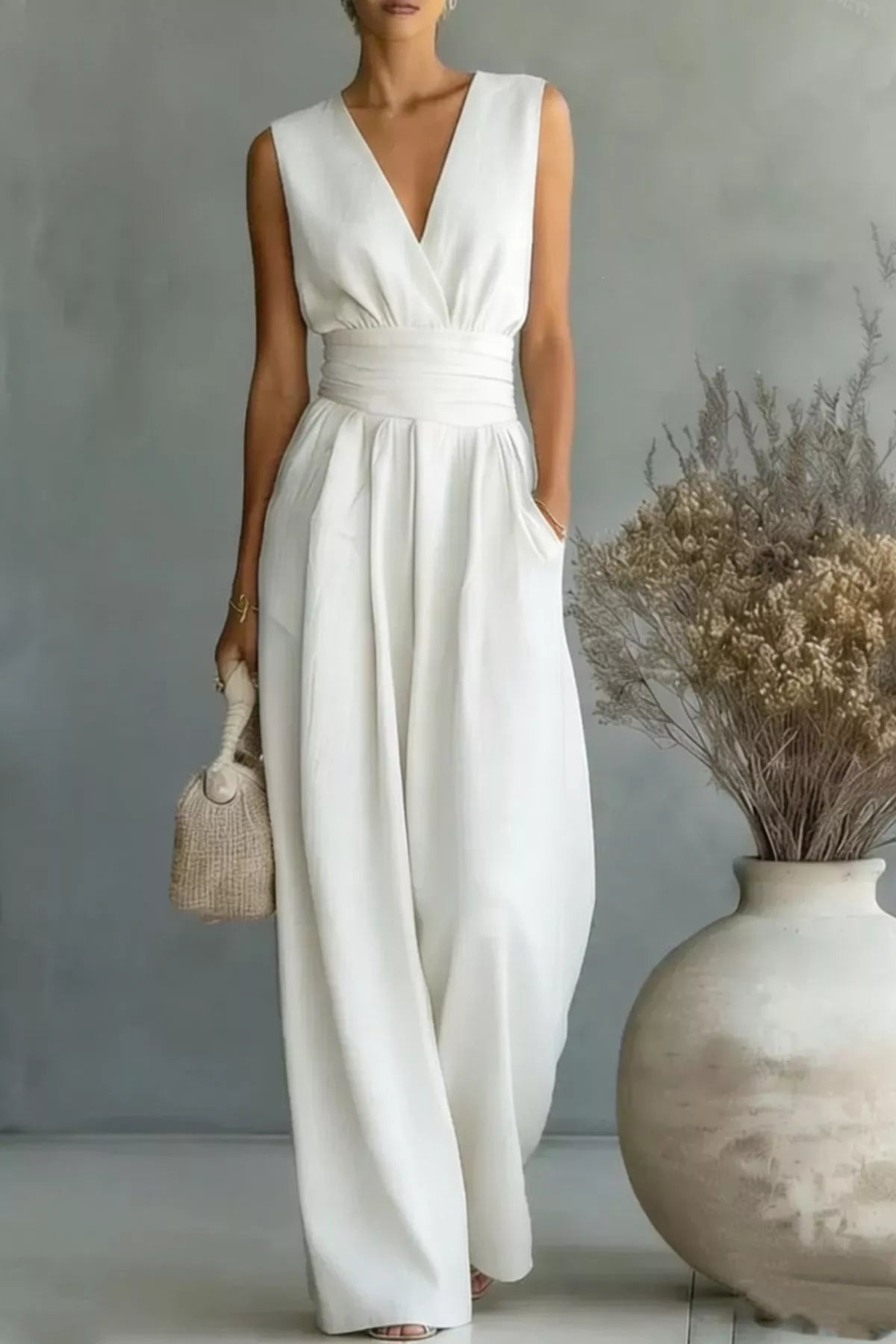 Woman wearing a white sleeveless jumpsuit standing in a room with a vase and dried plants.