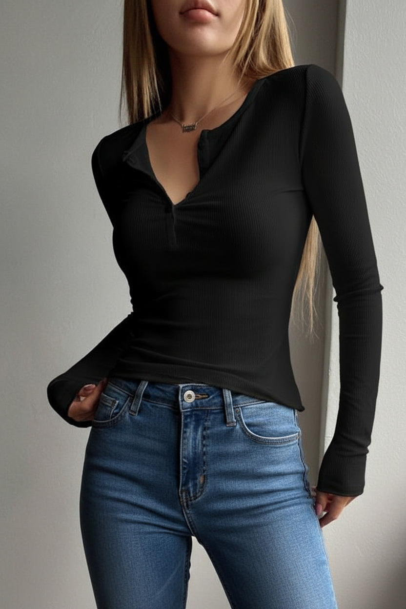 Women's Half-Button Long Sleeve T-Shirt