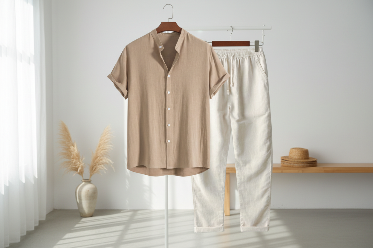 Beige linen shirt and white pants hanging on a rack against a white wall.