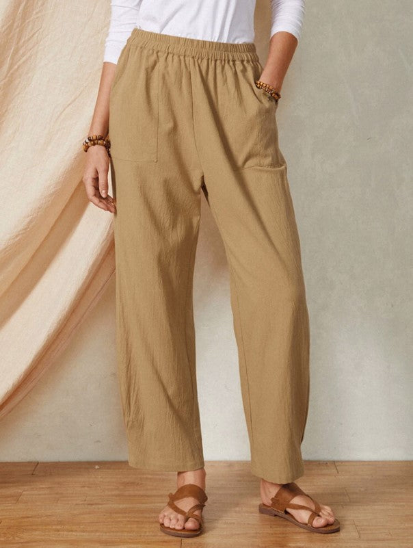 Women's Cotton Linen Wide-Leg Trousers — Elastic Waist, With Pockets