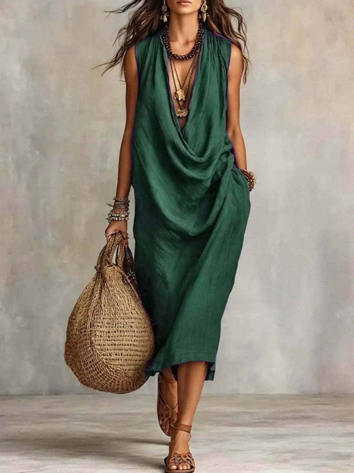 A woman models a sleeveless, dark green draped maxi dress with a deep V-neckline, styled with layered gold necklaces, bracelets, and a large woven straw tote bag against a textured gray studio backdrop.