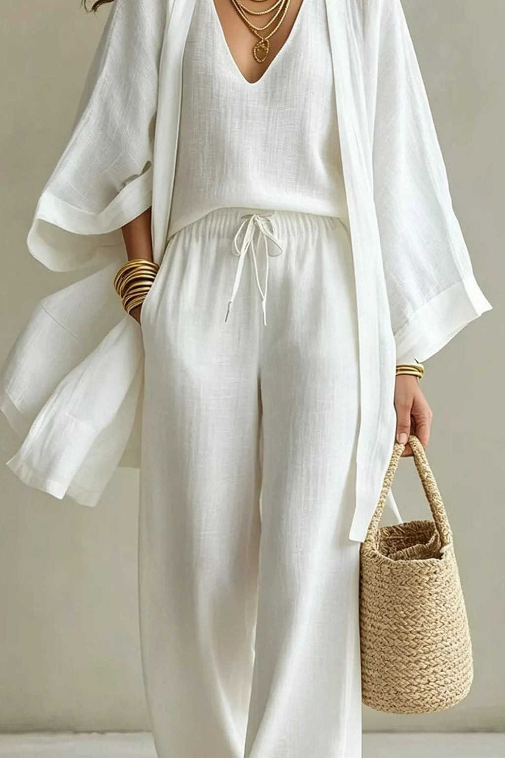 Woman wearing a white three-piece set with open-front kimono cardigan, V-neck cami, and wide-leg drawstring pants, holding a woven tote bag
