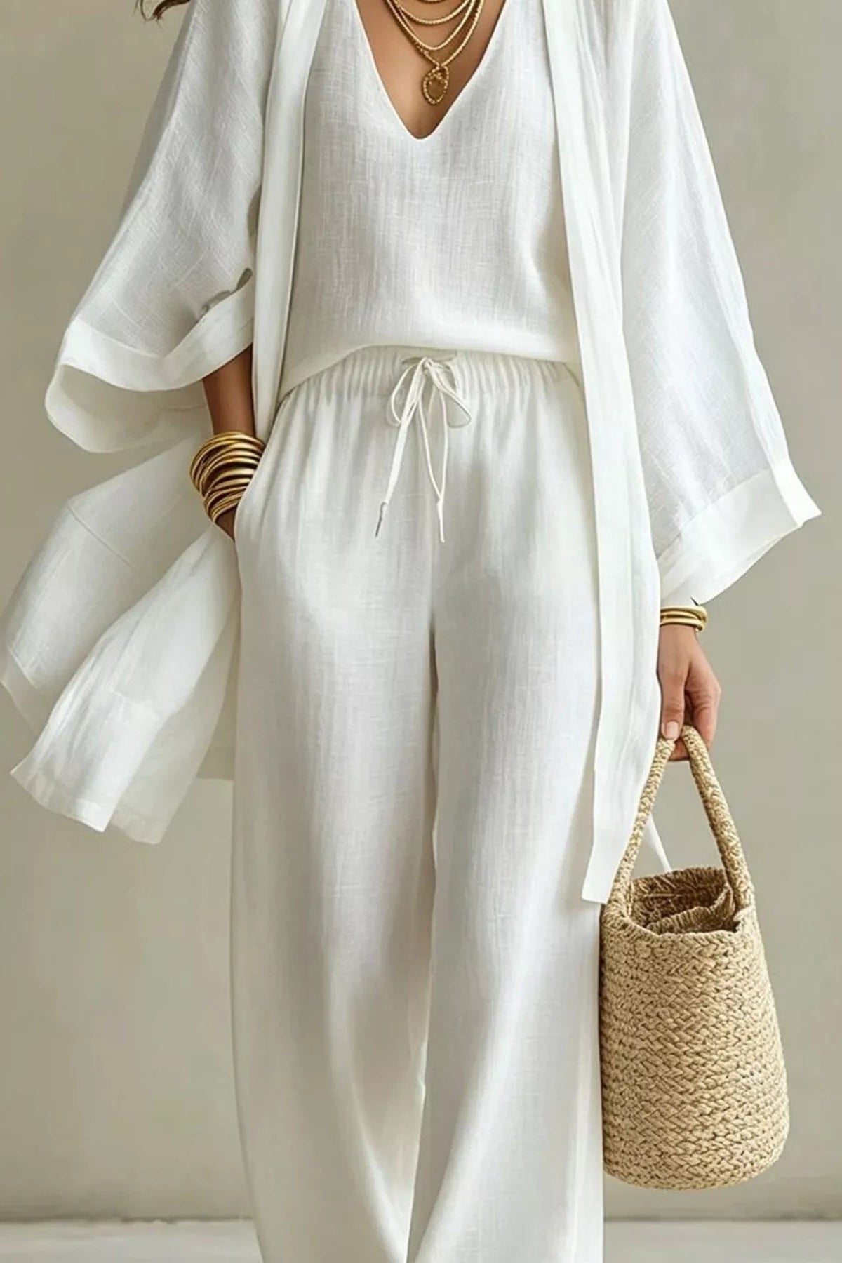 Woman wearing a white three-piece set with open-front kimono cardigan, V-neck cami, and wide-leg drawstring pants, holding a woven tote bag
