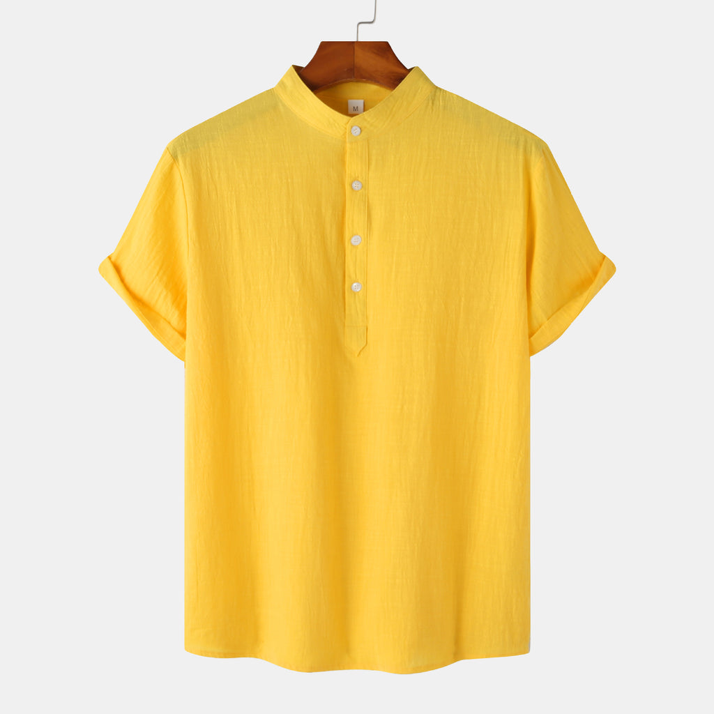 Men's Cotton Linen Short Sleeve Shirt | Stand Collar Henley