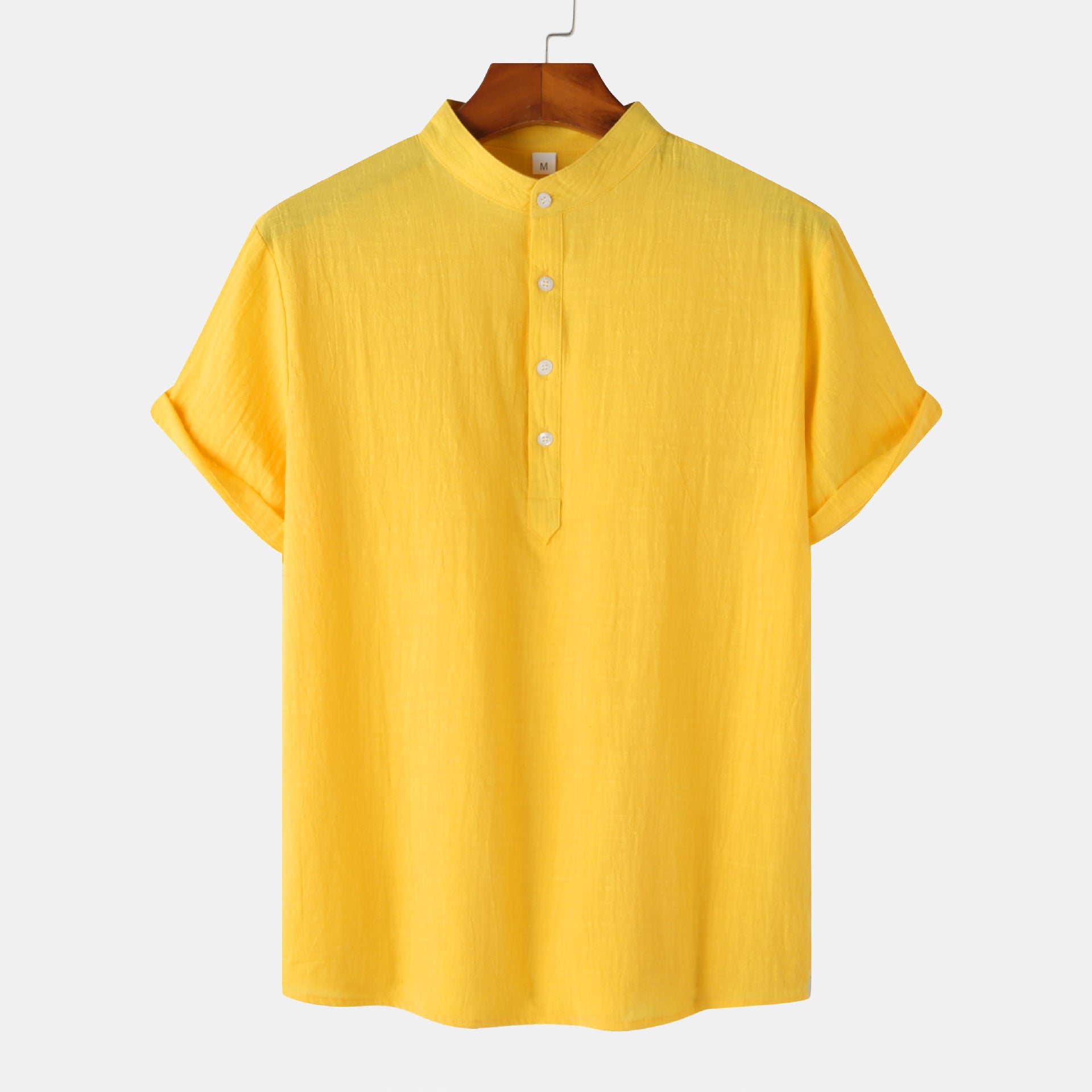 Men's Cotton Linen Short Sleeve Shirt | Stand Collar Henley