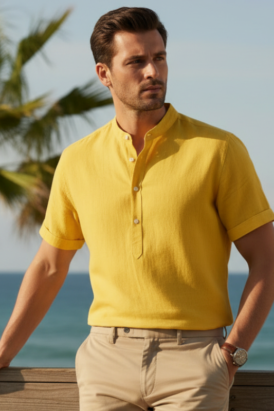Men's Cotton Linen Short Sleeve Shirt | Stand Collar Henley
