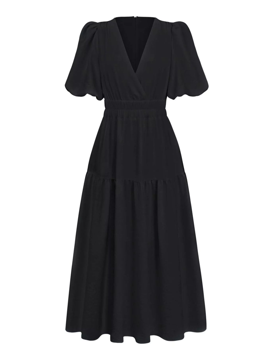 A black midi-length dress with short puff sleeves, a wrap-style V-neckline, and a tiered skirt, shown against a plain white background.