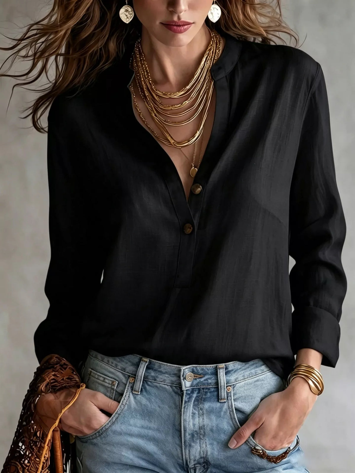 Women's Button Detail Long Sleeve Blouse