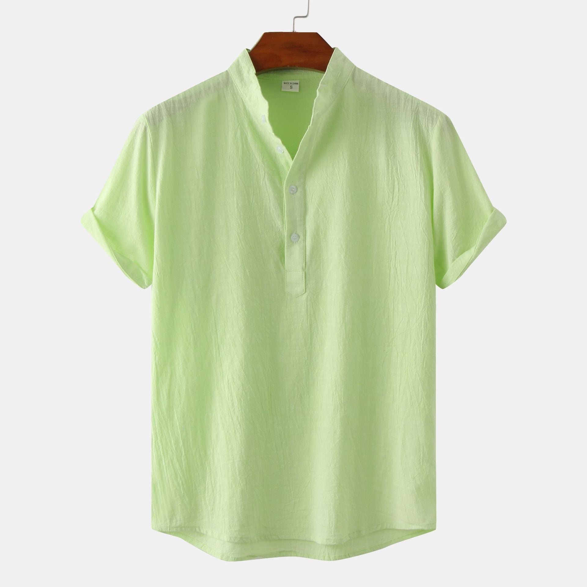 Men's Cotton Linen Short Sleeve Shirt | Stand Collar Henley