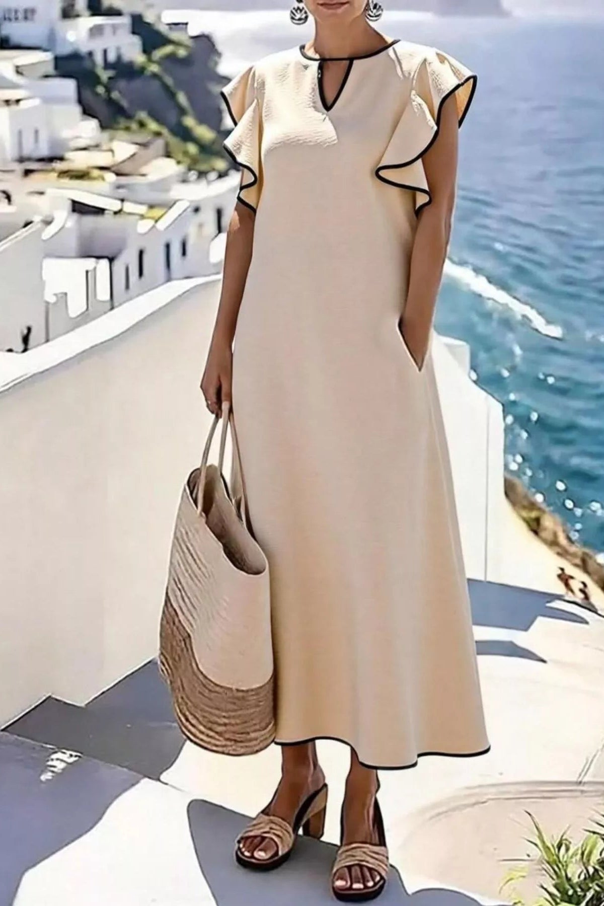 Woman in a beige dress with black trim standing on a scenic rooftop overlooking the ocean.