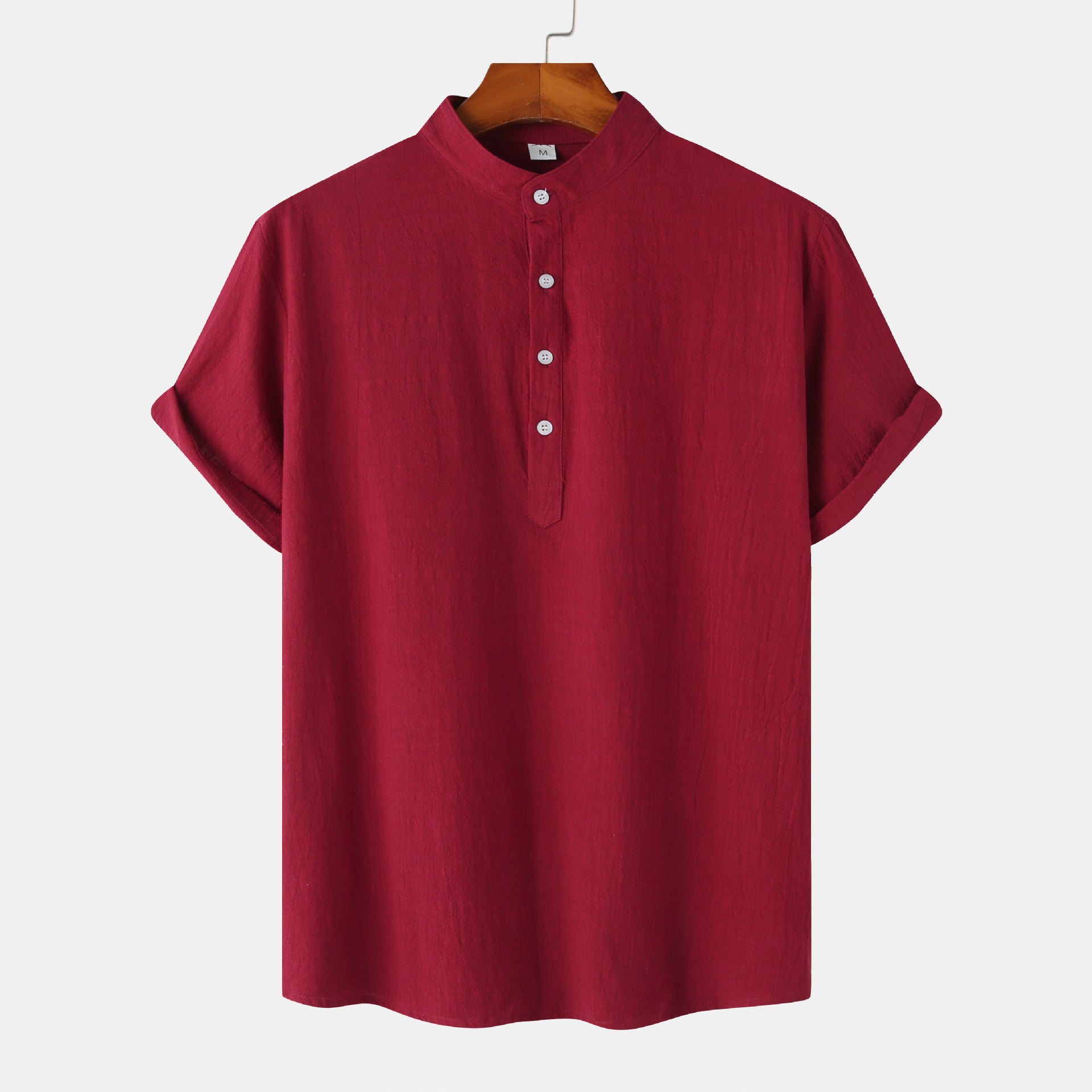 Men's Cotton Linen Short Sleeve Shirt | Stand Collar Henley