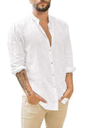 Men's Linen-Blend Stand Collar Long Sleeve Shirt