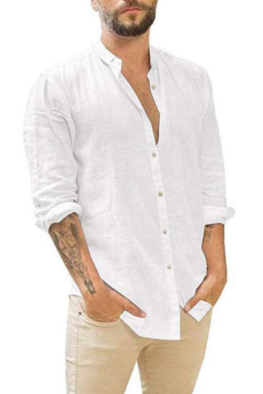 Men's Linen-Blend Stand Collar Long Sleeve Shirt