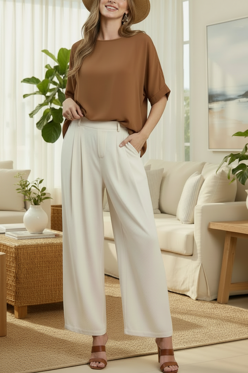 A woman modeling a brown short-sleeve top and cream wide-leg pants against a white living room background, wearing a straw hat and brown sandals.