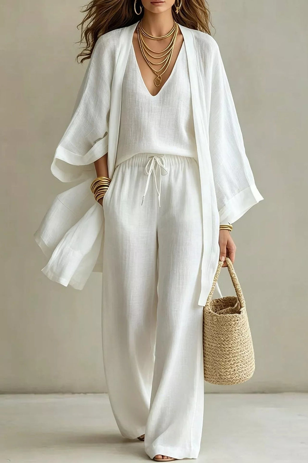 Woman wearing a white three-piece set with open-front kimono cardigan, V-neck cami, and wide-leg drawstring pants, holding a woven tote bag