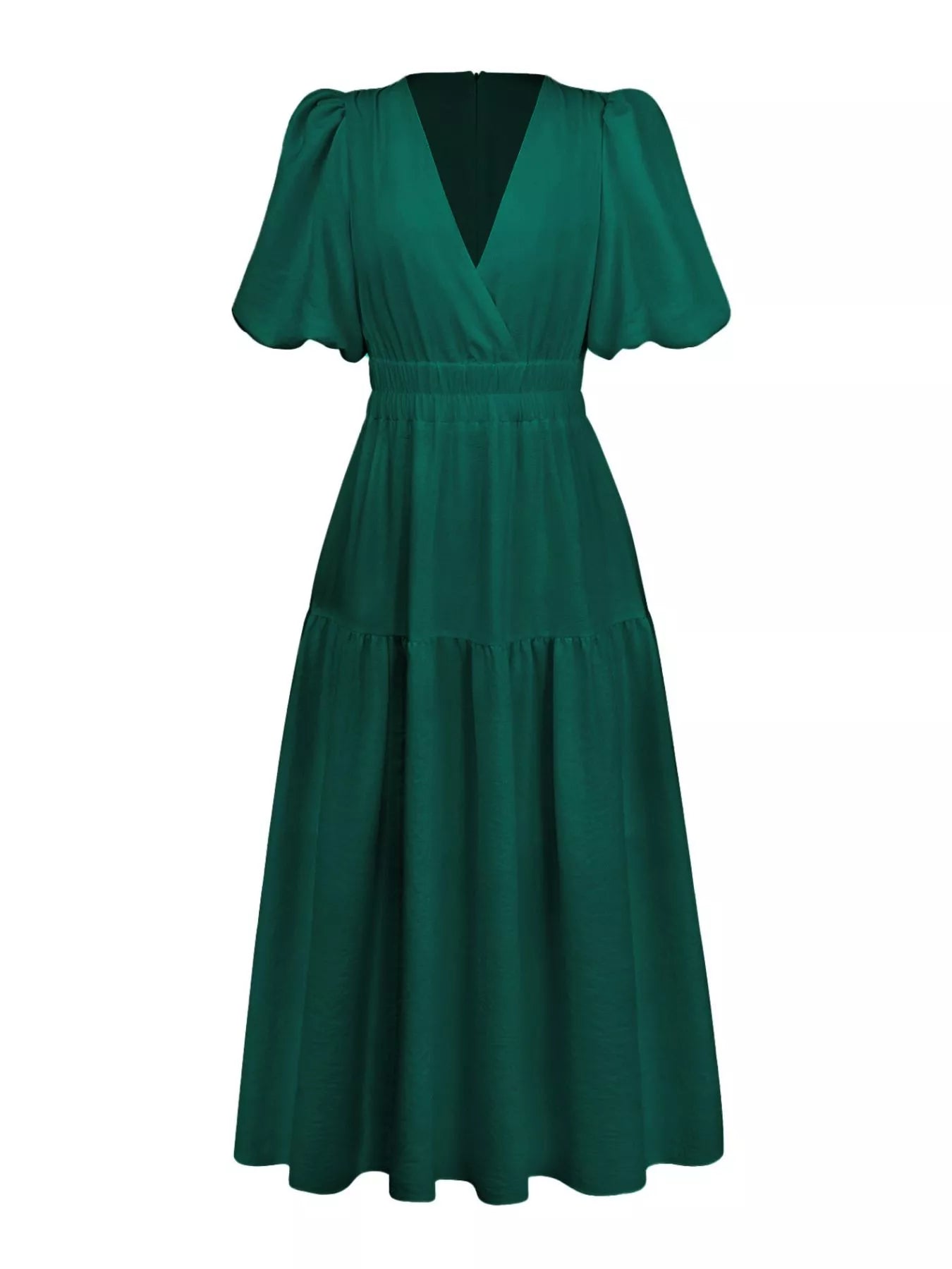 A dark green midi dress with a wrap-style V-neckline, short puff sleeves, a defined waist, and a tiered skirt, shown against a plain white background.