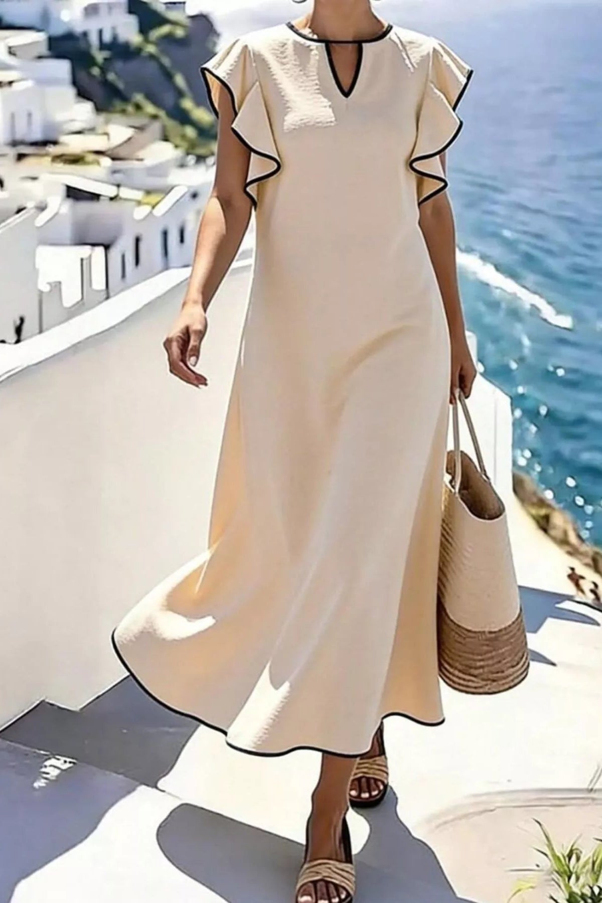 Woman in a beige dress with black trim standing by the ocean with white buildings in the background.