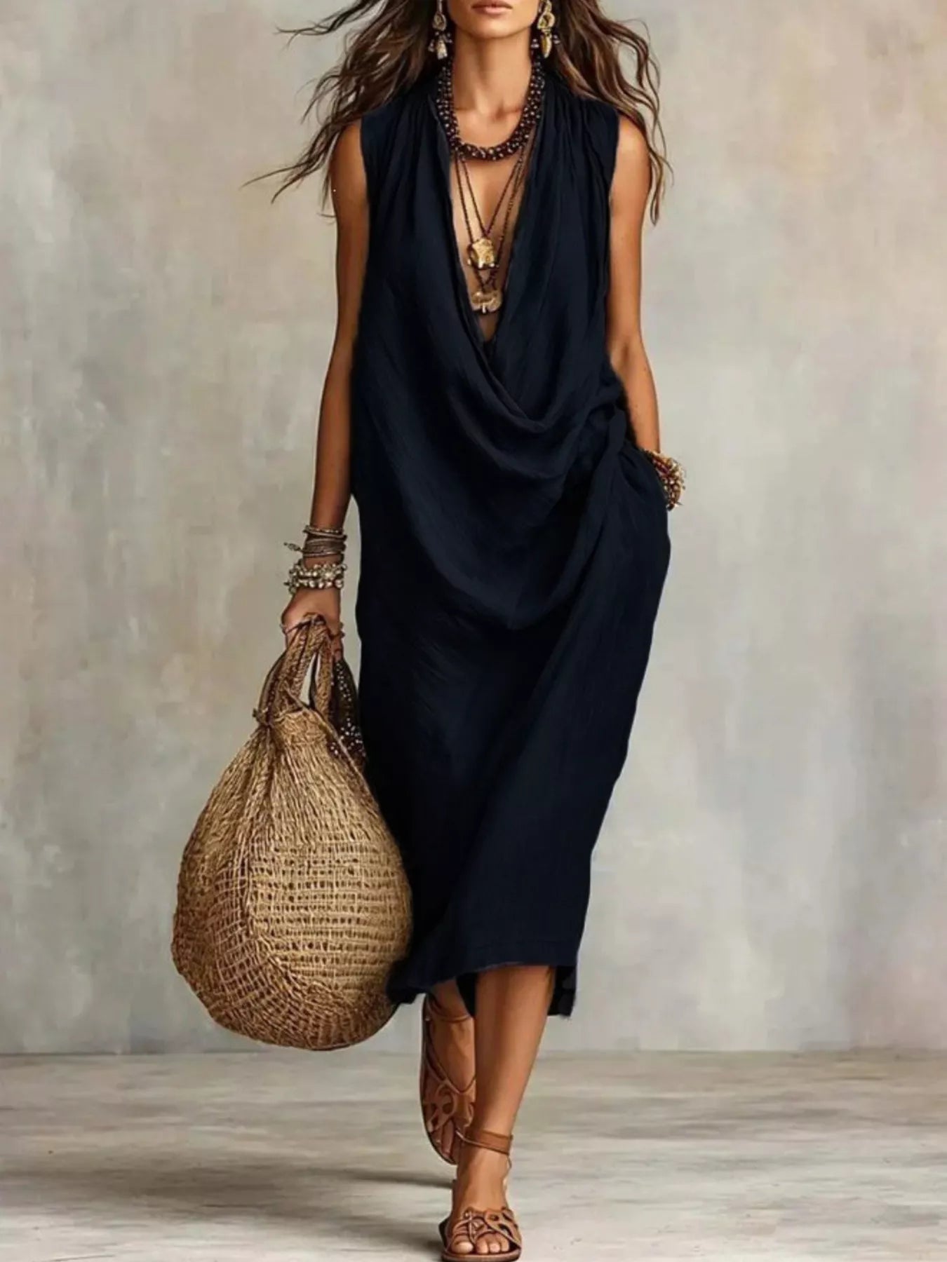A woman models a sleeveless, black draped midi dress with a deep V-neckline. She is accessorized with layered gold necklaces, bracelets, and a large woven straw tote bag, set against a textured gray studio background.