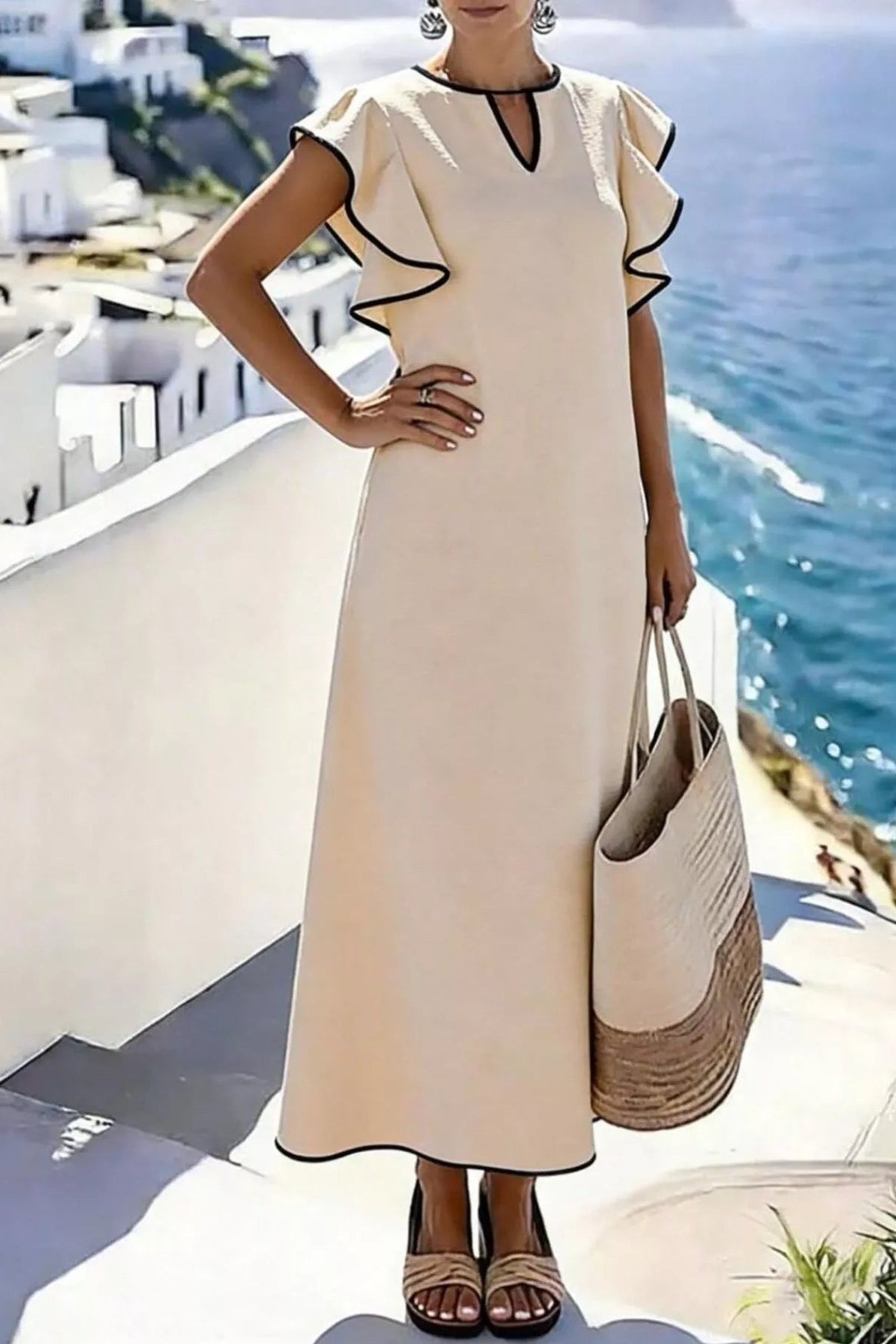 Woman in a beige dress with black trim standing by the ocean with white buildings in the background