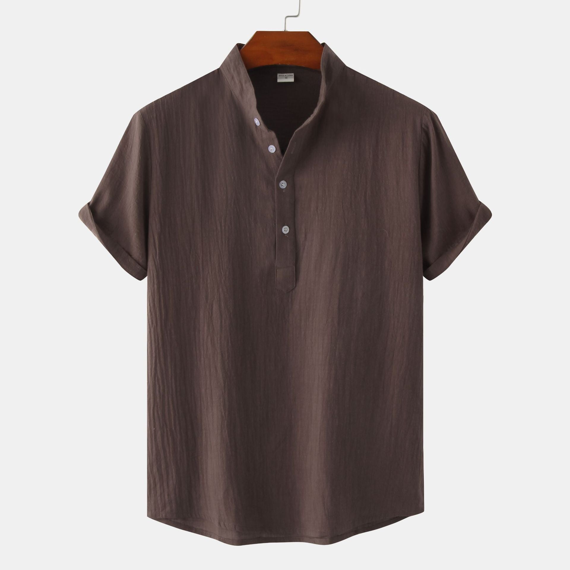 Men's Cotton Linen Short Sleeve Shirt | Stand Collar Henley