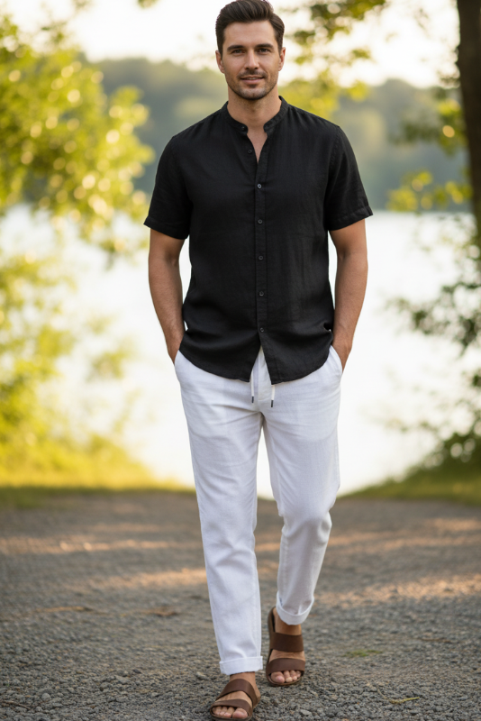 Men's black cotton linen short sleeve shirt and cream color trousers lifestyle photo
