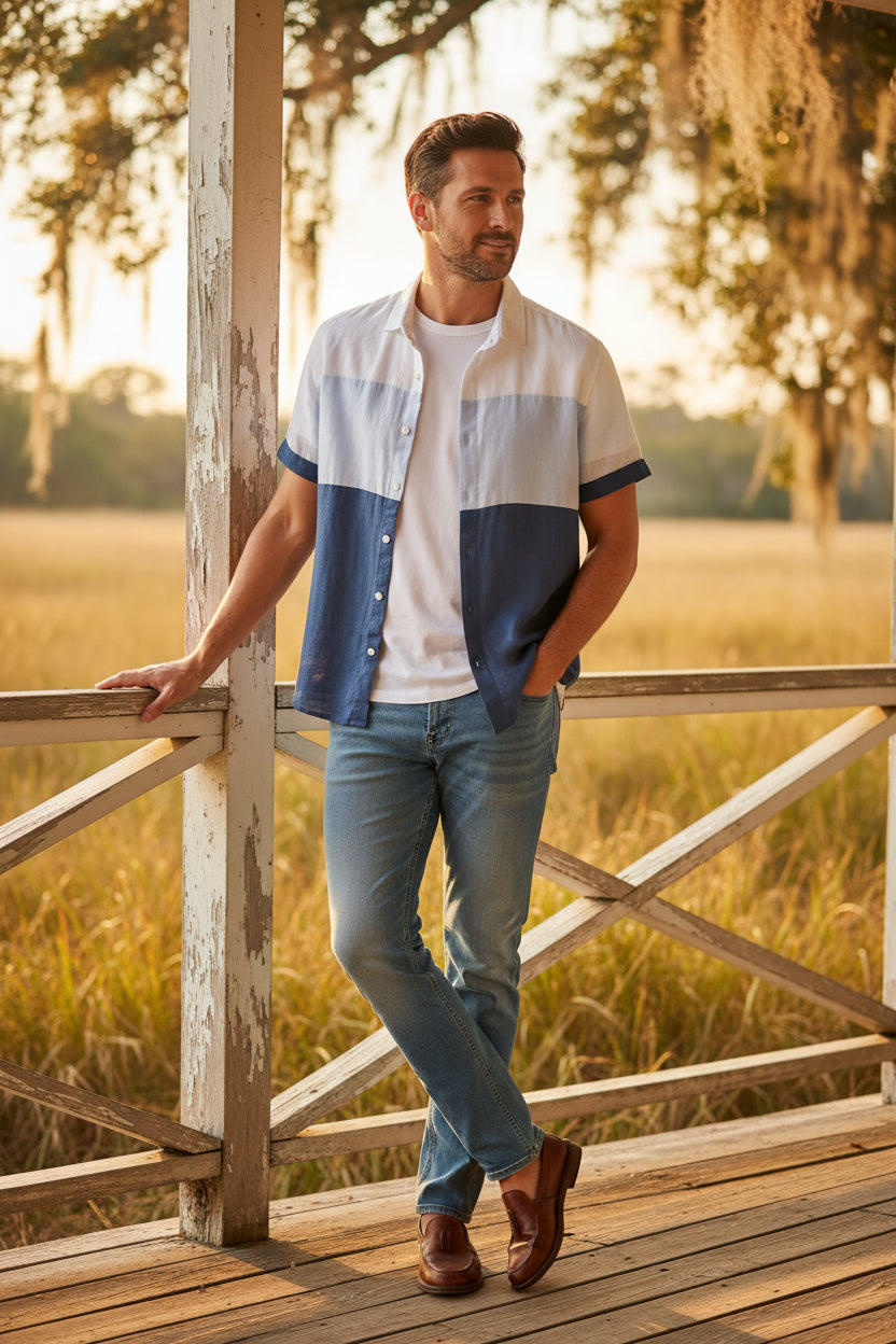 Men's Short Sleeve Patchwork Linen Shirt