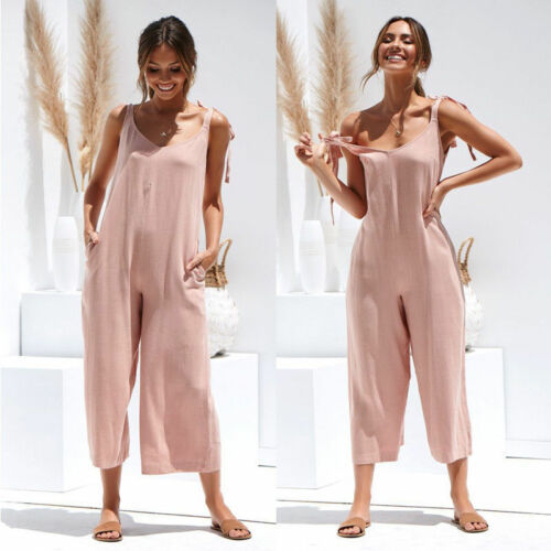 Women's Casual Loose Linen Cotton Backless Jumpsuit