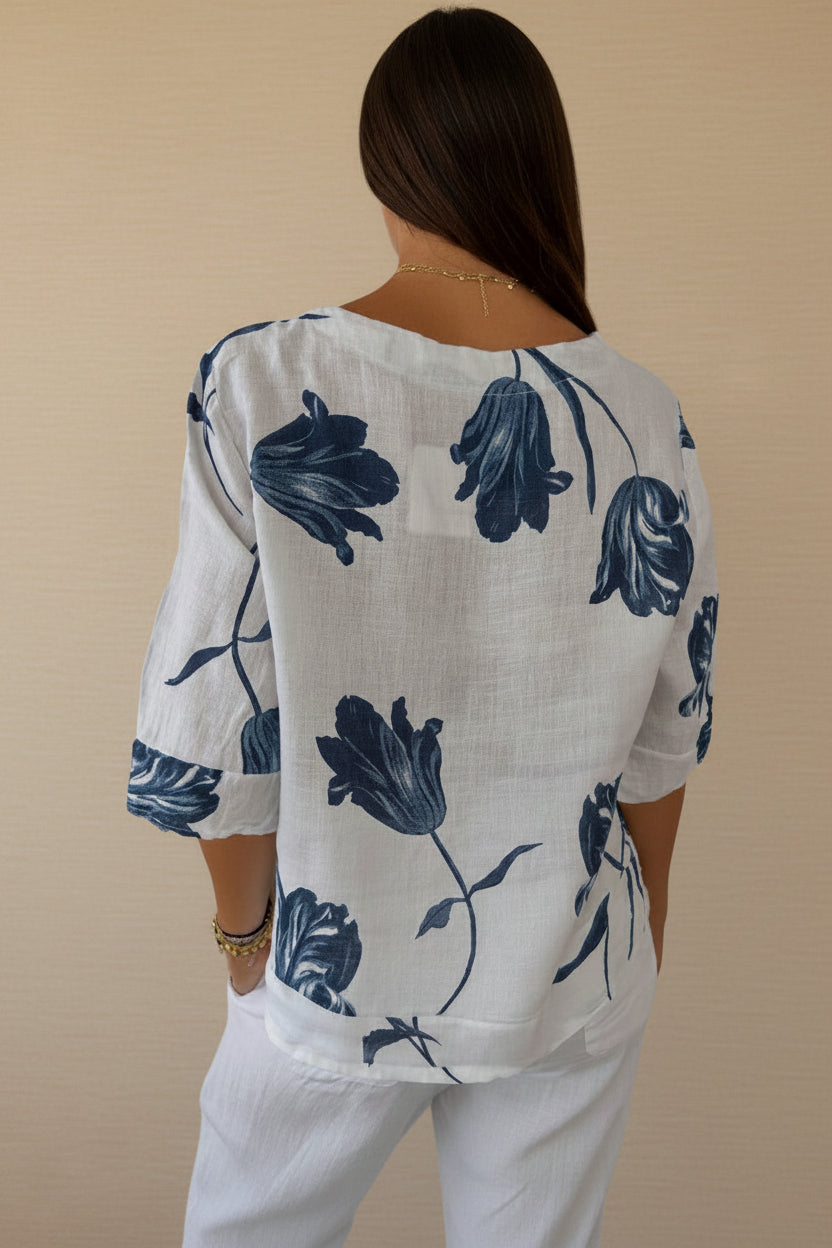 Women's Floral Cotton Linen V-Neck Blouse