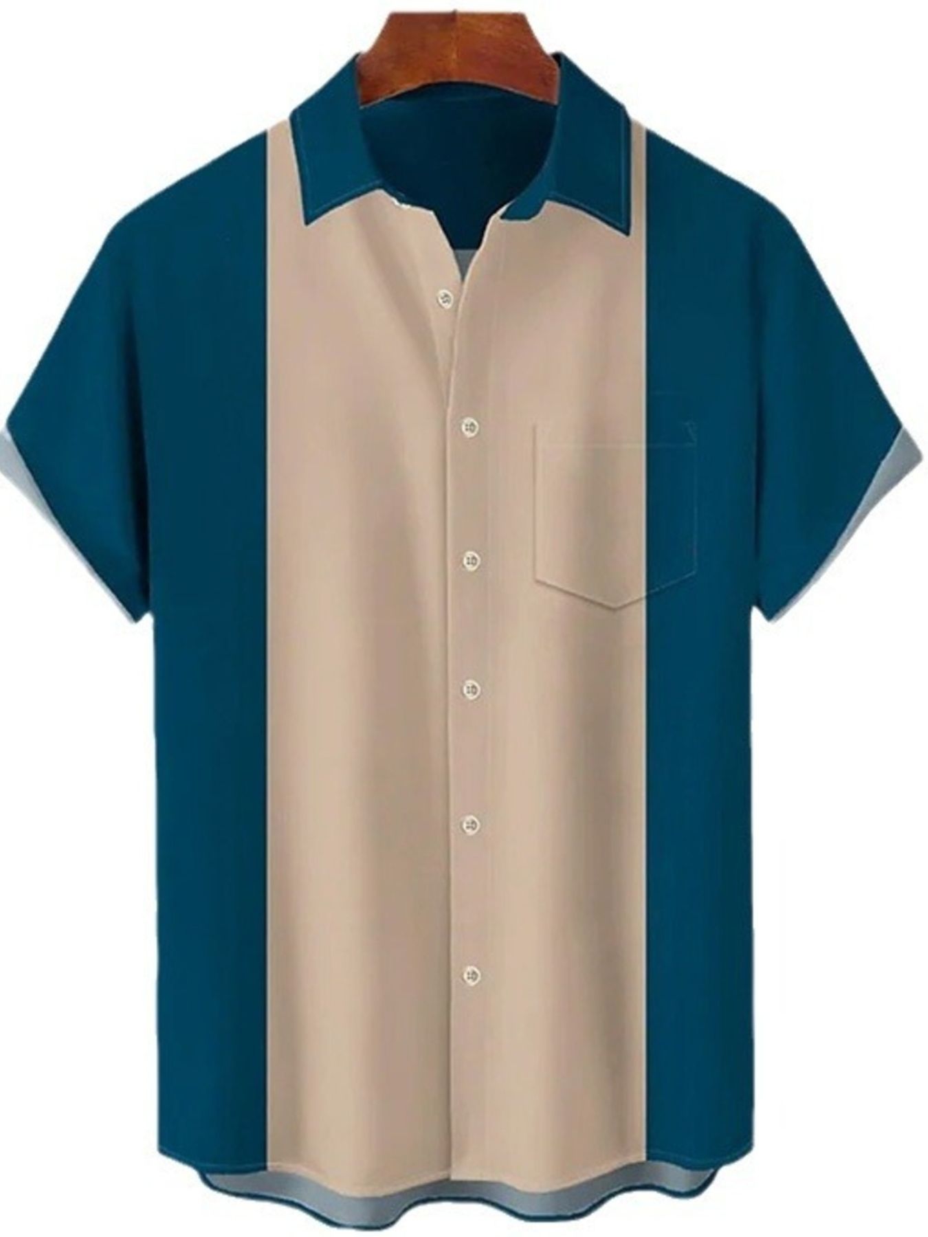 Color-blocked shirt with blue and beige sections on a white background