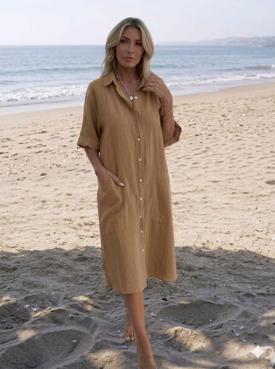 Women's Black Linen Shirt Dress | Button-Down Midi | Plus Size S–5XL