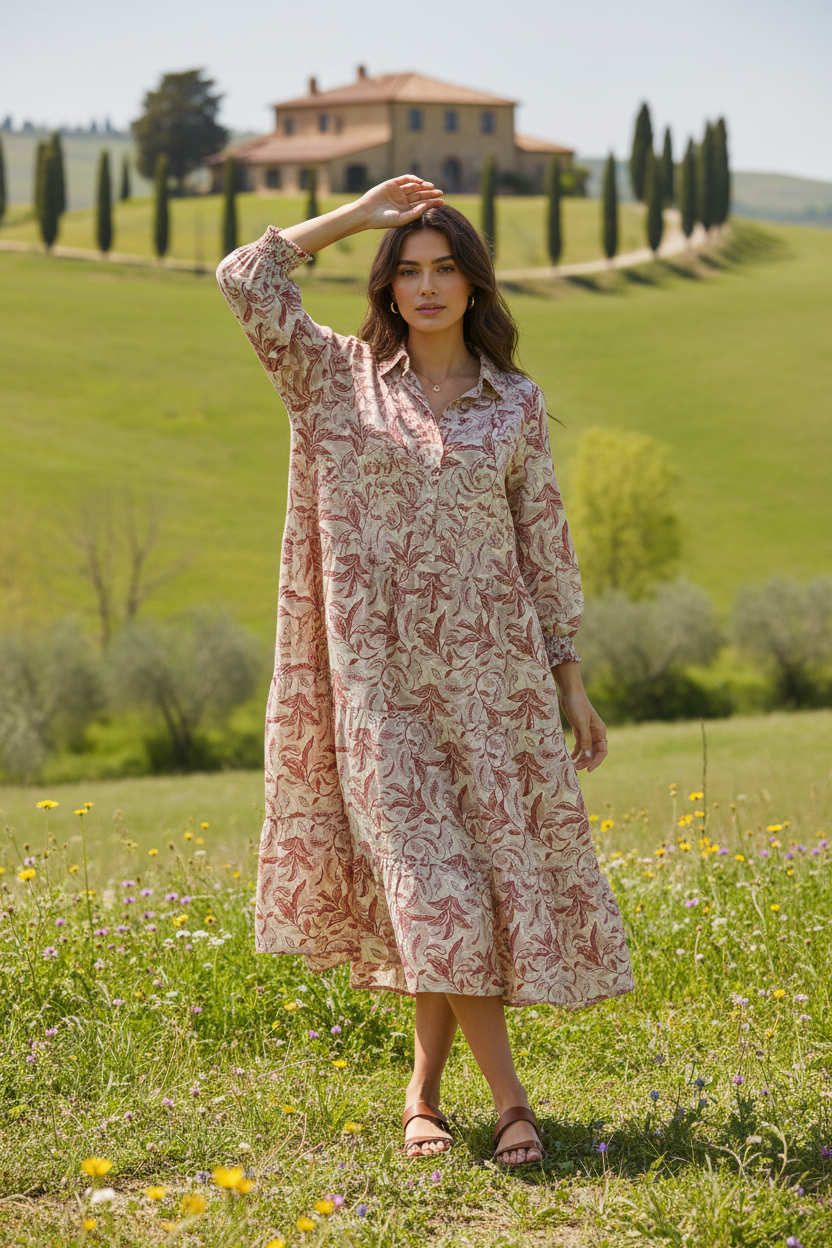 Women's Linen Botanical Print Tiered Midi Dress